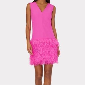 Milly Veronica Cady Ostrich Feather V-Neck Barbie Pink Mini Dress Size 0 NWOT
